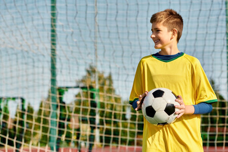 A young boy stands confidently in front of a goal, soccer ball in hand, envisioning his victory. His gaze is fixed on the net, determination in his eyes.の写真素材