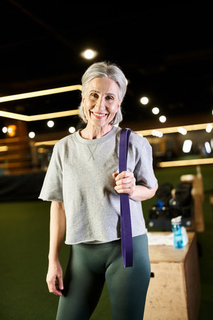 joyous senior woman in sportswear posing actively with fitness expander and smiling at cameraの写真素材