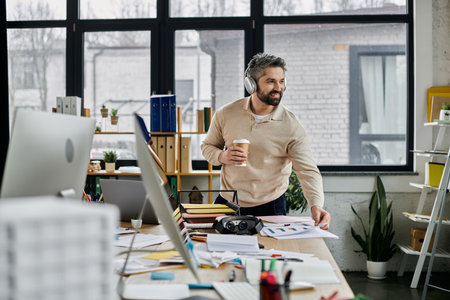 A bearded businessman in headphones stands at a messy desk in a modern office, holding a coffee cup and looking away from the camera.の写真素材