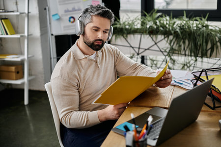 A handsome businessman with a beard is focused on reviewing documents in a modern office setting. He...