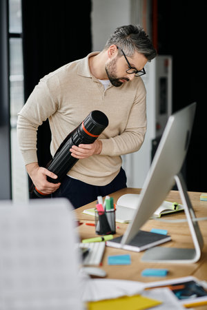 A bearded businessman wearing glasses stands in a modern office with a large computer screen,...