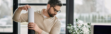 A businessman with a beard works on a project in his modern office.