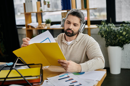 A handsome businessman with a beard is focused on reviewing documents at his desk in a modern...