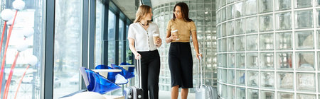Two diverse businesswomen stand side by side, embodying unity and strength during a corporate trip.の写真素材