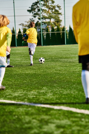 A lively group of young children engaged in a spirited game of soccer on a sunny field, showcasing their passion, teamwork, and skills as they run, kick, and score goals.の写真素材
