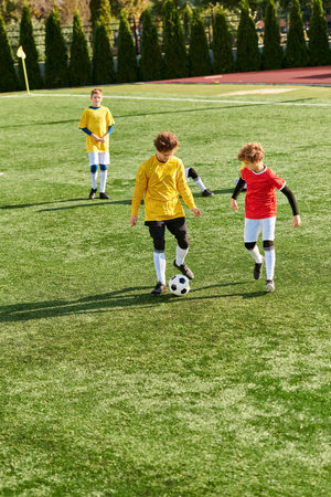 A group of energetic young children engaged in a lively game of soccer, kicking the ball back and forth on a sunny field with joy and enthusiasm.の写真素材