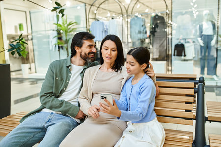 A family of multiple generations sits together on a bench in a bustling shopping mall, enjoying a...