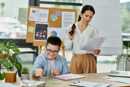 A mother works on a phone call in a modern office while her son with Down syndrome creates art at a table nearby.の写真素材