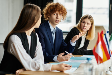 Three teenagers participate in a lively discussion during a  conference.