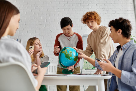 Teens simulate Model UN session, debating global issues with globe centerpiece.