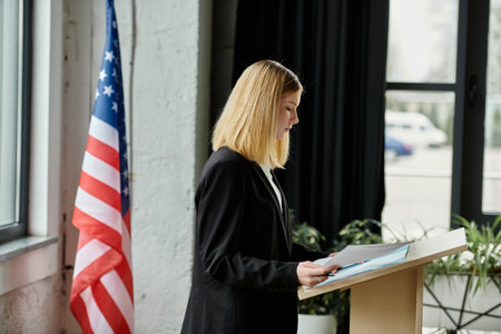 Teenager in a suit speaks at a podium during a Model UN conference.