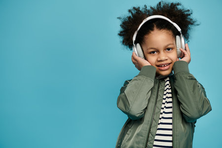 A young African American girl with curly hair smiles at the camera while wearing headphones and a green jacket against a blue background.の写真素材