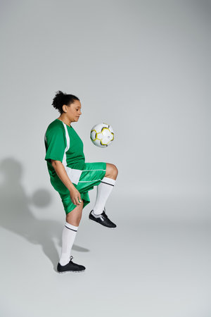 A woman in a green soccer uniform juggles a soccer ball in a studio setting.の写真素材