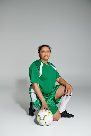Female athlete in green jersey kneeling on white backdrop, hand resting on soccer ball.の写真素材