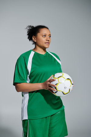 A female soccer player in a green uniform holds a soccer ball.の写真素材