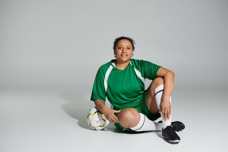 A woman in a green soccer uniform sits on the ground, resting her hand on a soccer ball.の写真素材