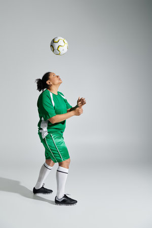 A woman in a green jersey and shorts juggles a soccer ball in a studio setting.の写真素材