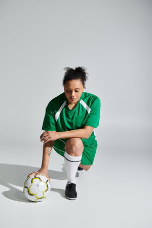 A female athlete in a green jersey kneels with a soccer ball in front of her.の写真素材