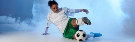 A female athlete in white jersey and green shorts plays soccer with focus.の写真素材