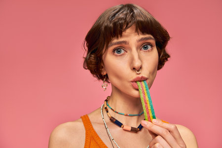 portrait of playful woman in her 20s biting sweet and sour candy strip on pink background