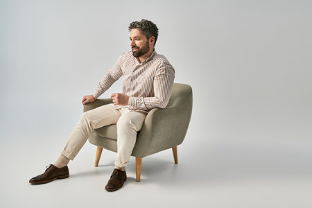 Bearded man in elegant attire sits with crossed legs in stylish pose on grey background in studio.の写真素材