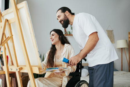 loving jolly husband helping his inclusive good looking wife to paint on easel while at home