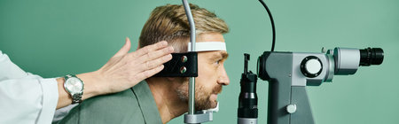 Devoted doctor examines mans eyes through a microscope in a doctors office for laser vision...