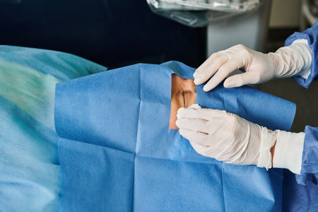 Person in hospital gown performs surgery.の写真素材