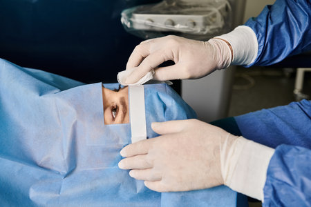 Person with gloves putting items in a bag.の写真素材