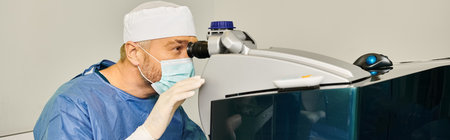 A man wearing a surgical mask and gloves.の写真素材