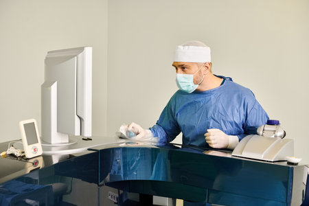 A man in a surgical mask operating a machine with focus and precision.の写真素材
