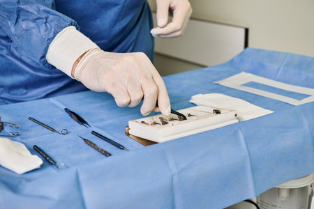 A person in a hospital gown is seen using a piece of medical equipment.