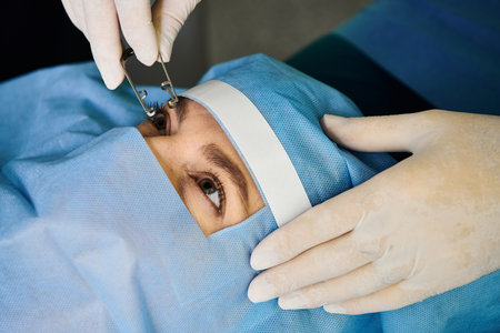 Devoted doctor performing laser vision correction on womans face.の写真素材
