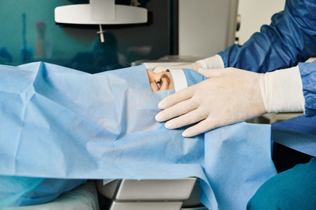 Surgeon performing laser vision correction on womans face.