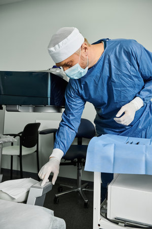 A man in a surgical gown and mask preparing tools.の写真素材