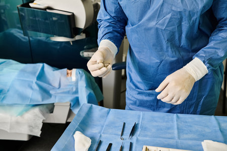 A man in a hospital gown and gloves preparing for laser vision correction.