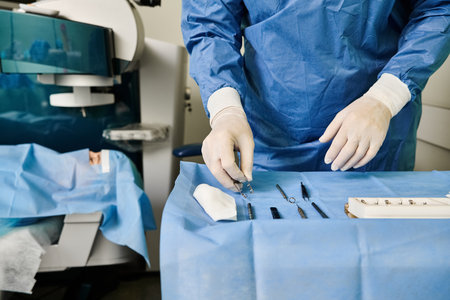 A man in a hospital gown operates a machine for laser vision correction.