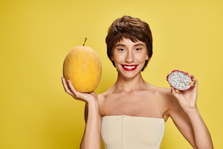 Young woman in white dress gracefully holds a piece of fruit.の写真素材