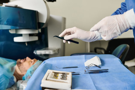 A woman undergoing laser vision correction in a hospital room with a machine.