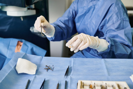 Surgeon in surgical attire preparing for laser vision correction procedure.の写真素材