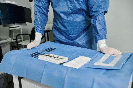 Hospital-gowned man preparing tools.