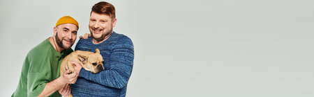 Two men lovingly stand with their French Bulldog by their side.の写真素材