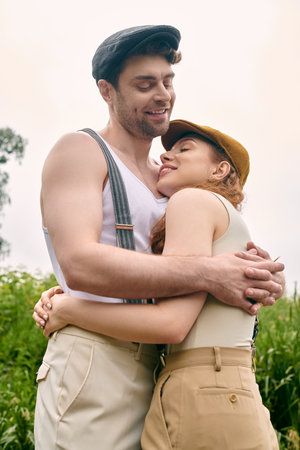 A man and woman lovingly embrace in a lush green field, surrounded by the beauty of nature.
