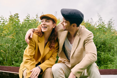 A man and a woman sit peacefully on a bench in a green park, enjoying a romantic date amidst a natural setting.の写真素材