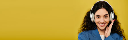 Young woman with curly hair, wearing stylish attire, smiling with headphones on in a studio with a yellow background.の写真素材