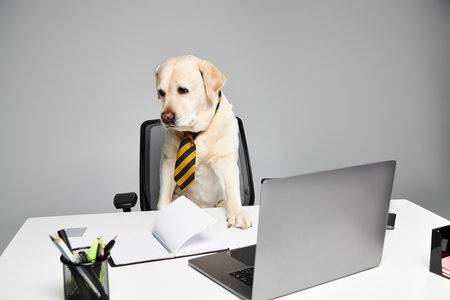 A sophisticated dog wearing a tie sits attentively at a desk in a studio setting, embodying the concept of a furry friend in a domestic setting.の写真素材