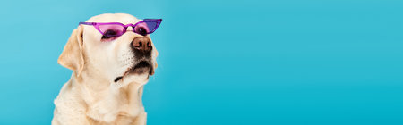 A dog wearing purple sunglasses stands out on a vibrant blue background, exuding style and...