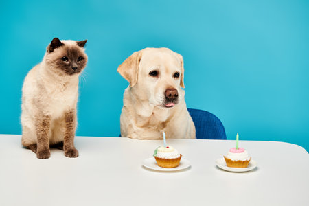 A cat and a dog sit at a table, happily enjoying cupcakes together in a whimsical and heartwarming scene.の写真素材