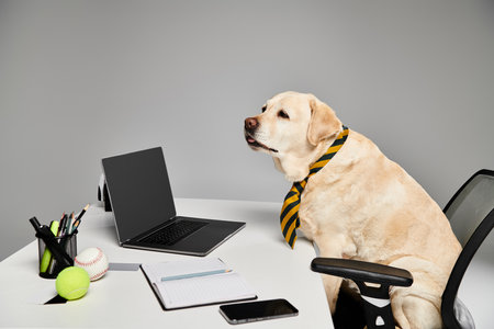 A dog in a tie sits at a desk with a laptop, exuding professionalism and focus on work tasks in a studio setting.の写真素材