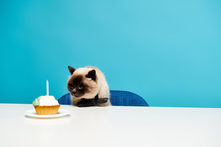 A fluffy cat seated at a table with a tempting cupcake placed in front of it, creating a charming and delightful scene.の写真素材